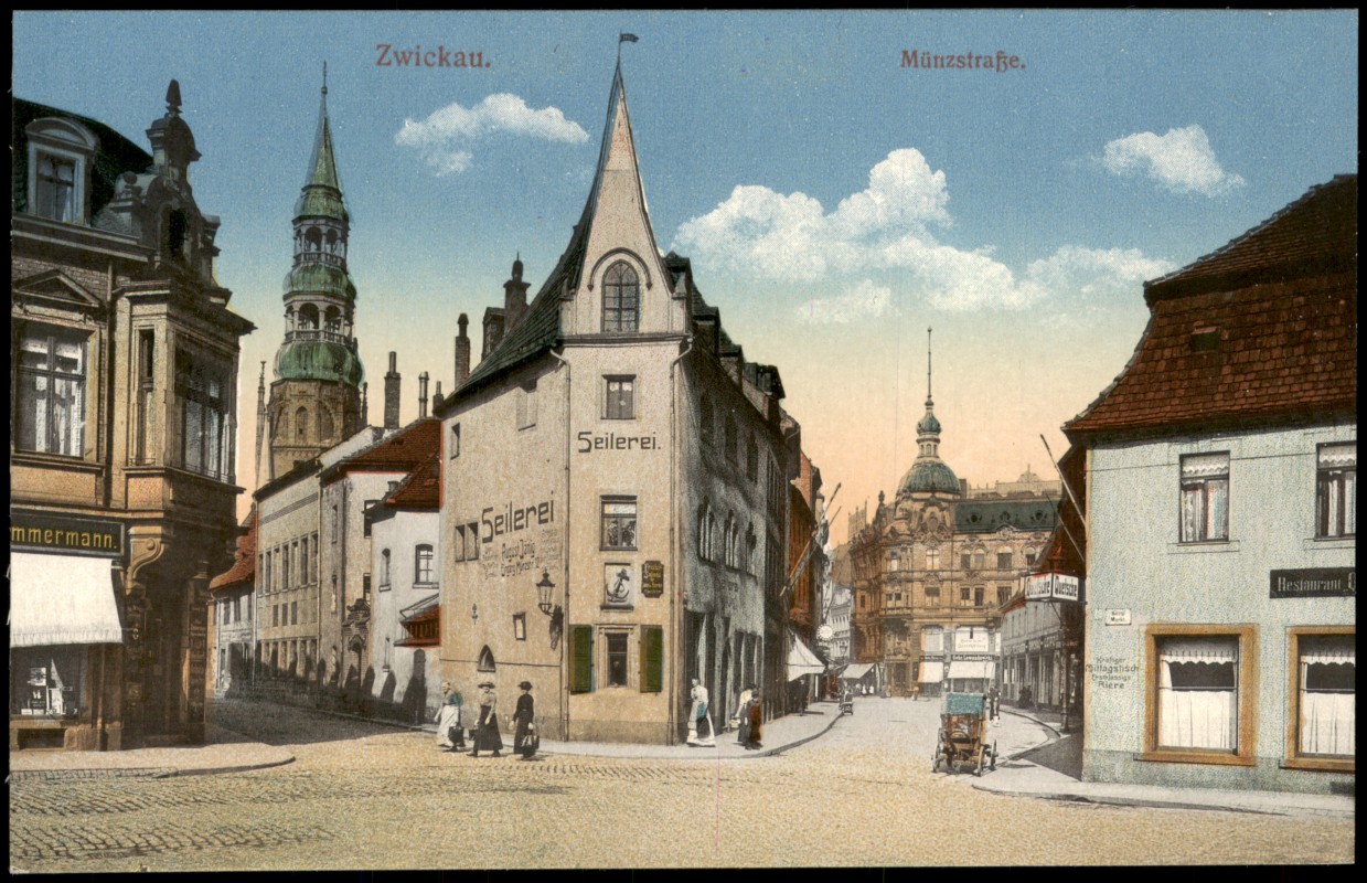 vergrößern: Bildseite historische Ansichtskarte von 1916: Münzstraße. Restaurant Seilerei.:: Zwickau