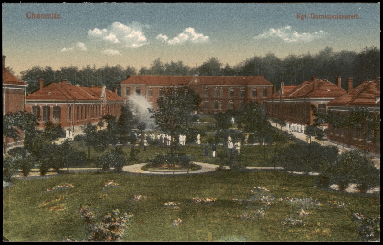 vergrößern: Bildseite historische Ansichtskarte von 1916: Kgl. Garnisonilazarett.:: Chemnitz