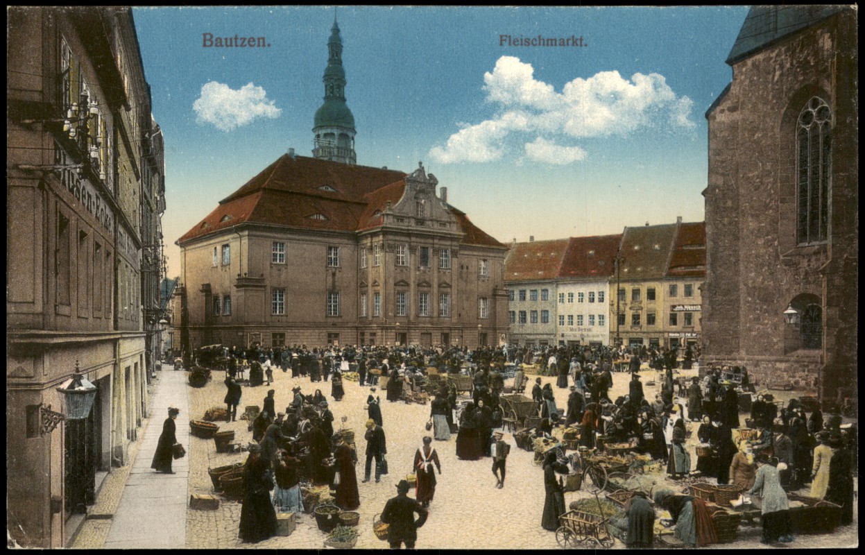 zoom: Image side vintage Postcard from 1915: Fleischmarkt belebt:: Bautzen