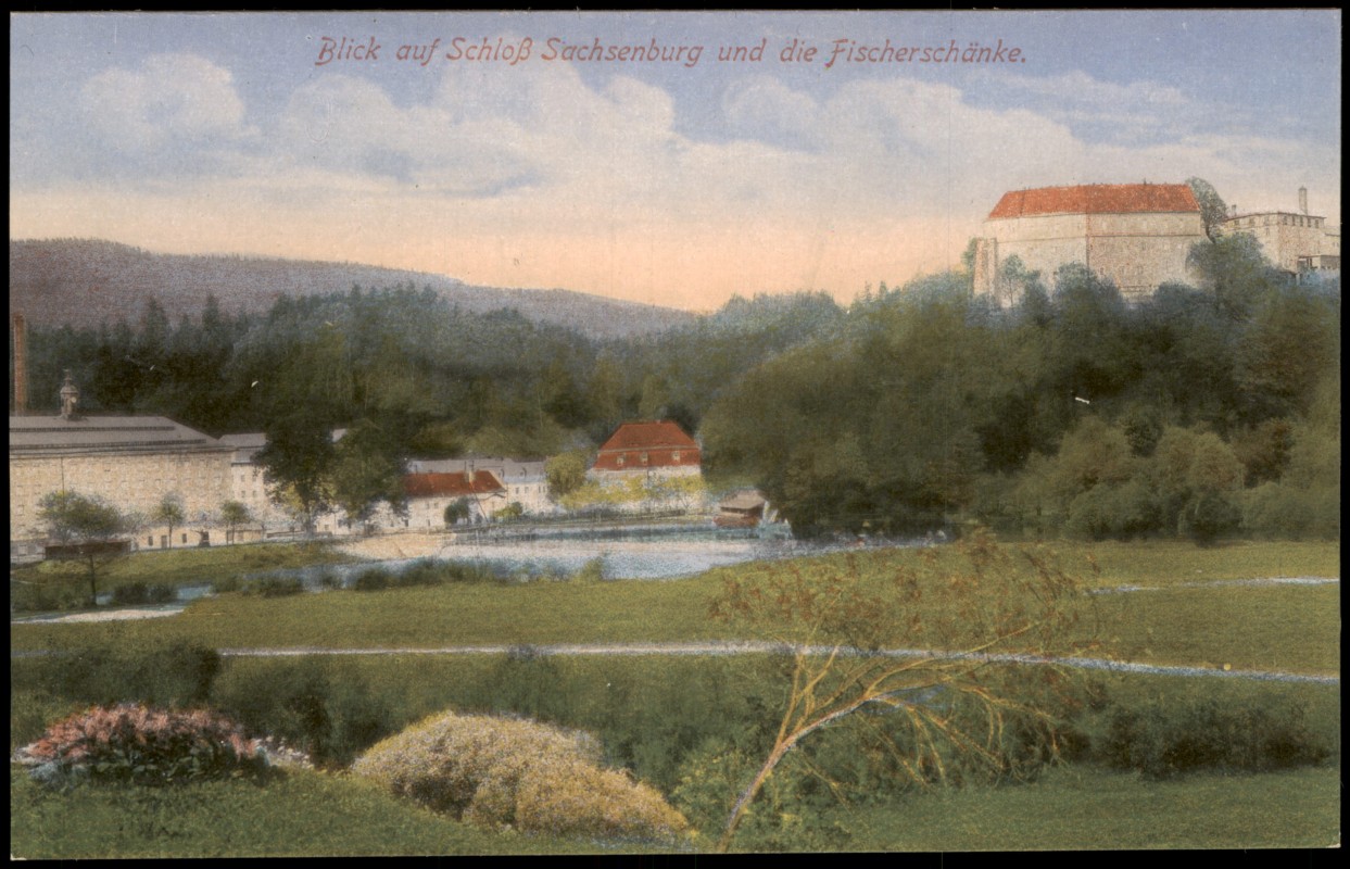 zoom: Image side vintage Postcard from 1914: Blick auf Schloß Sachsenburg und die Fischerschänke.:: Frankenberg (Sachsen)