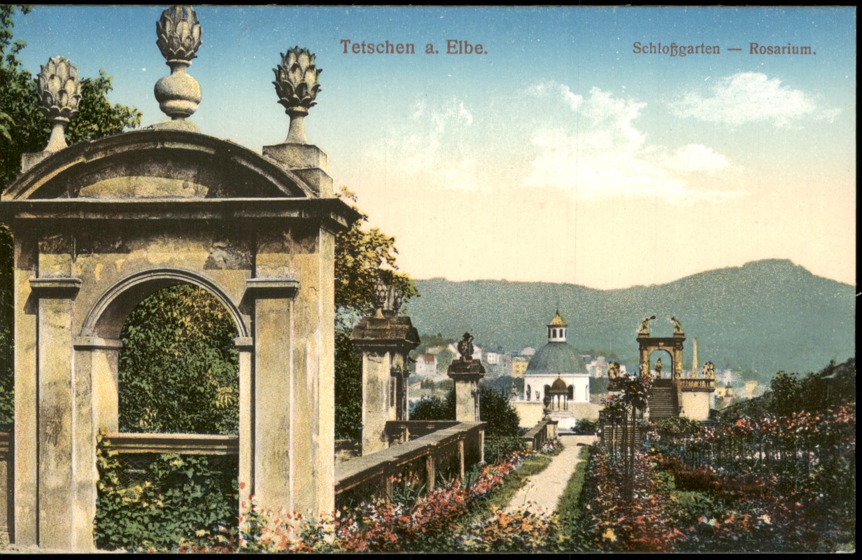 zoom: Image side vintage Postcard from 1914: Schloßgarten Rosarium,:: Decín