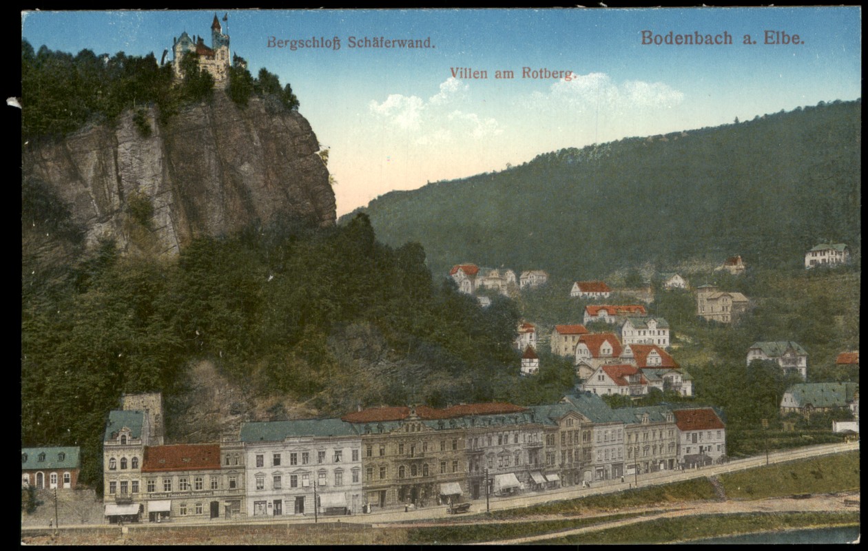 vergrößern: Bildseite historische Ansichtskarte von 1914: Bergschloß Schäferwand. Villen am Rotberg.:: Tetschen-Bodenbach