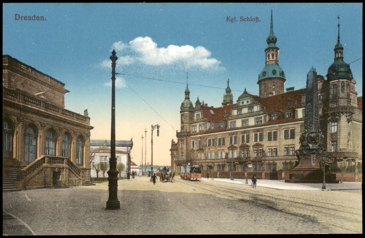 zoom: Image side vintage Postcard from 1915: Residenzschloss Straßenbahn:: Innere Altstadt-Dresden