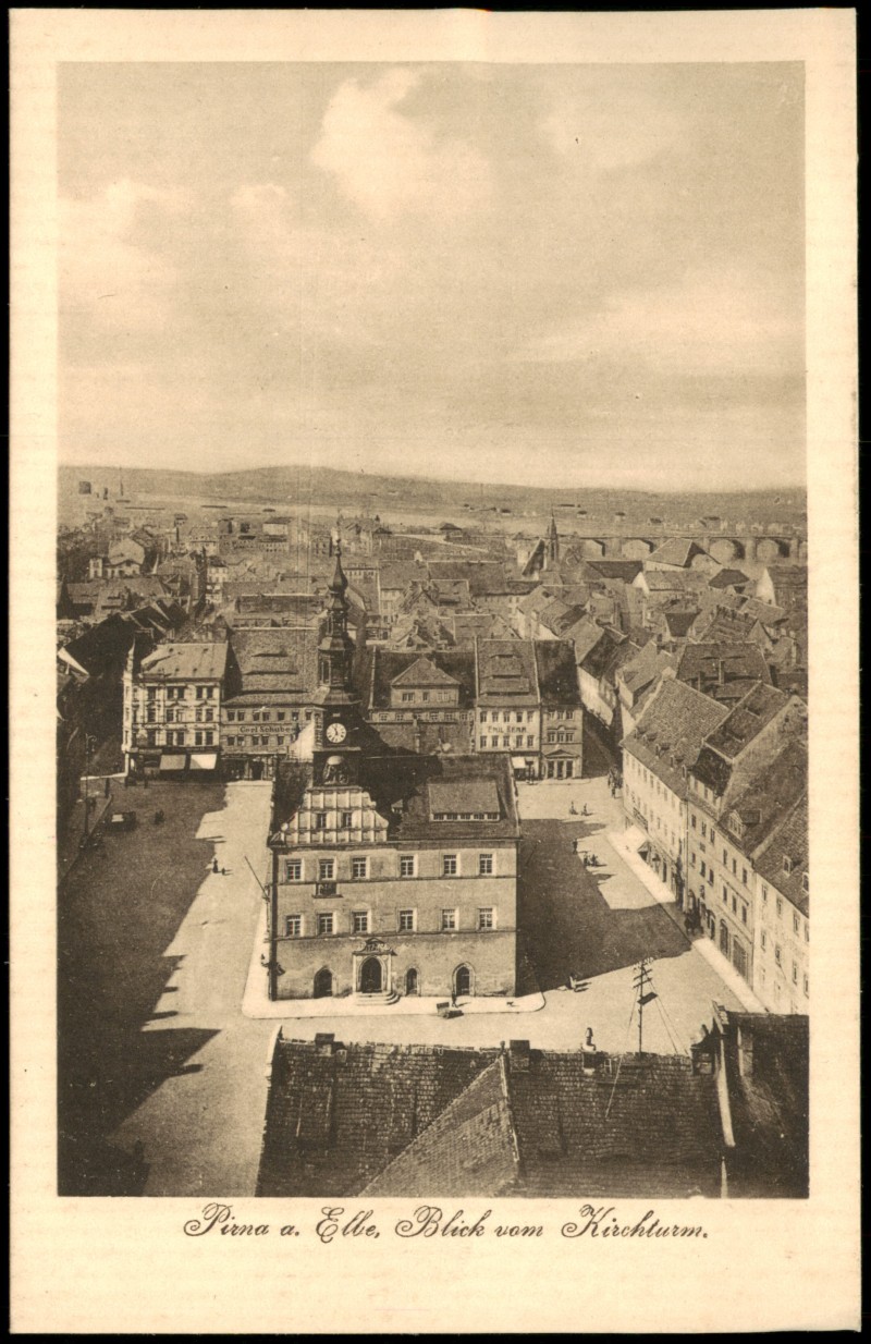zoom: Image side vintage Postcard from 1915: Blick vom Kirchturm auf die Stadt:: Pirna