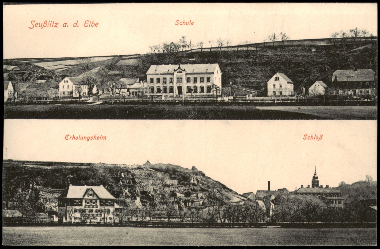 vergrößern: Bildseite historische Ansichtskarte von 1915: 2 Bild Schule Schloß Erholungsheim:: Seußlitz-Diesbar-Seußlitz-Nünchritz (Elbe)