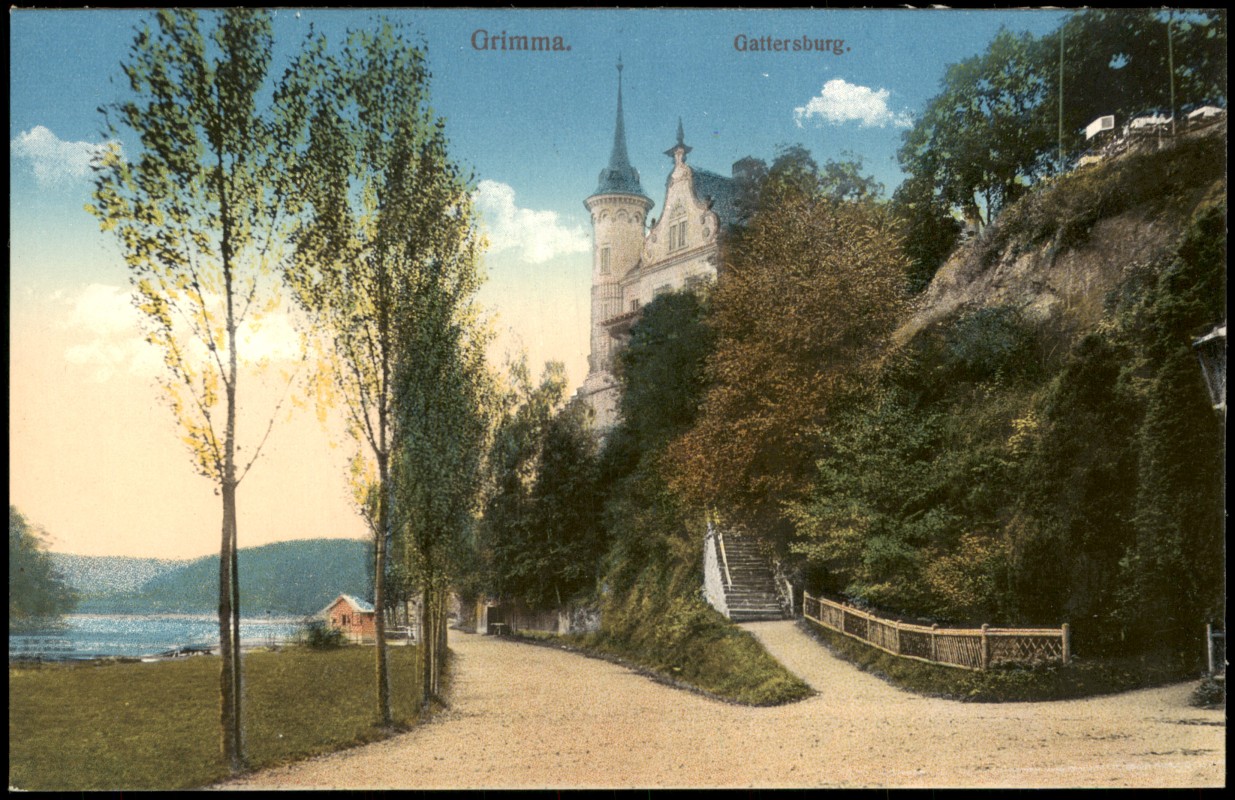vergrößern: Bildseite historische Ansichtskarte von 1915: Gattersburg, Treppe Aufstieg:: Grimma