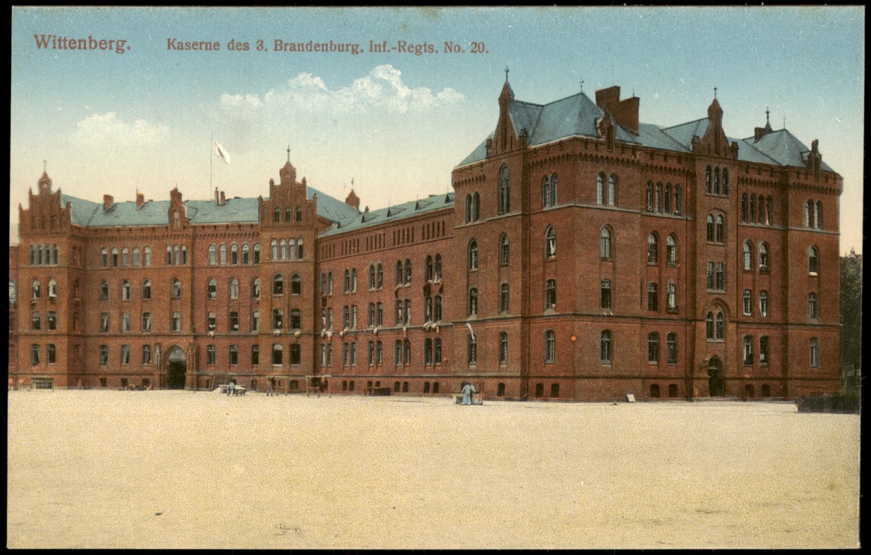 vergrößern: Bildseite historische Ansichtskarte von 1915: Kaserne des 3. Brandenburg. Inf.-Regts. No. 20..:: Lutherstadt Wittenberg
