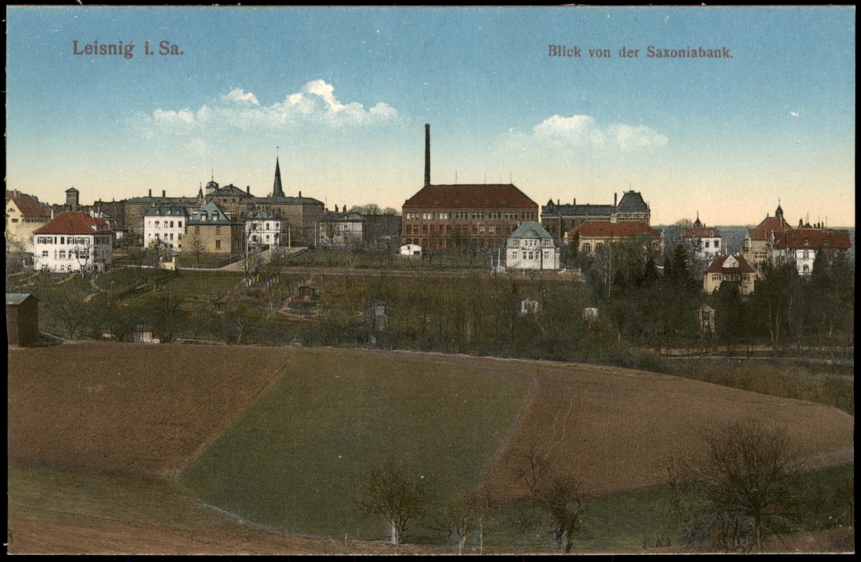 vergrößern: Bildseite historische Ansichtskarte von 1915: Blick von der Saxoniabank. Stadt Fabrik:: Leisnig