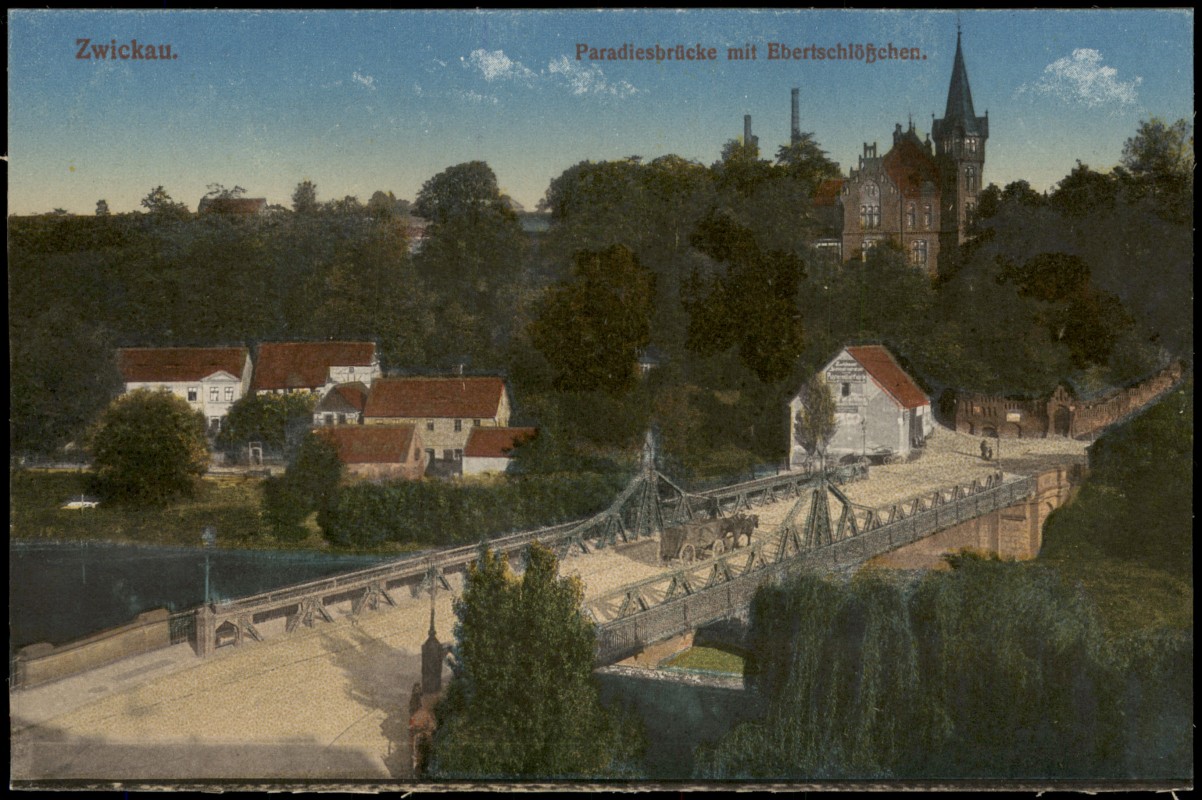 zoom: Image side vintage Postcard from 1916: Paradiesbrücke mit Ebertschlößchen.:: Zwickau