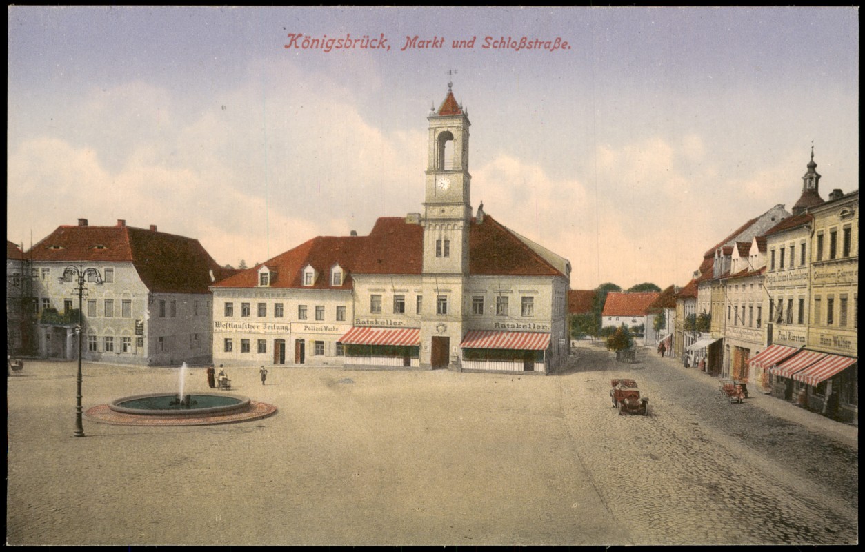 vergrößern: Bildseite historische Ansichtskarte von 1910: Markt und Schloßstraße.:: Königsbrück