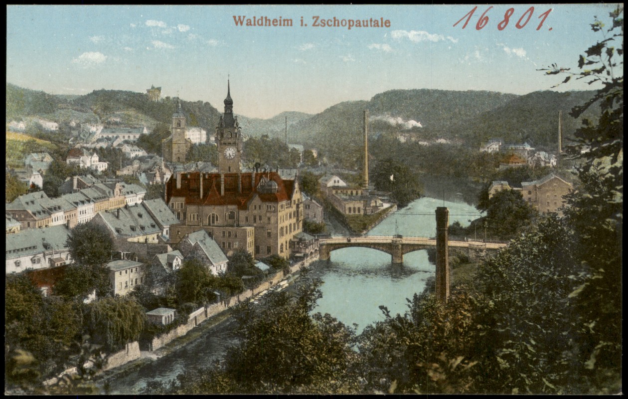 zoom: Image side vintage Postcard from 1913: Blick über die Stadt:: Waldheim
