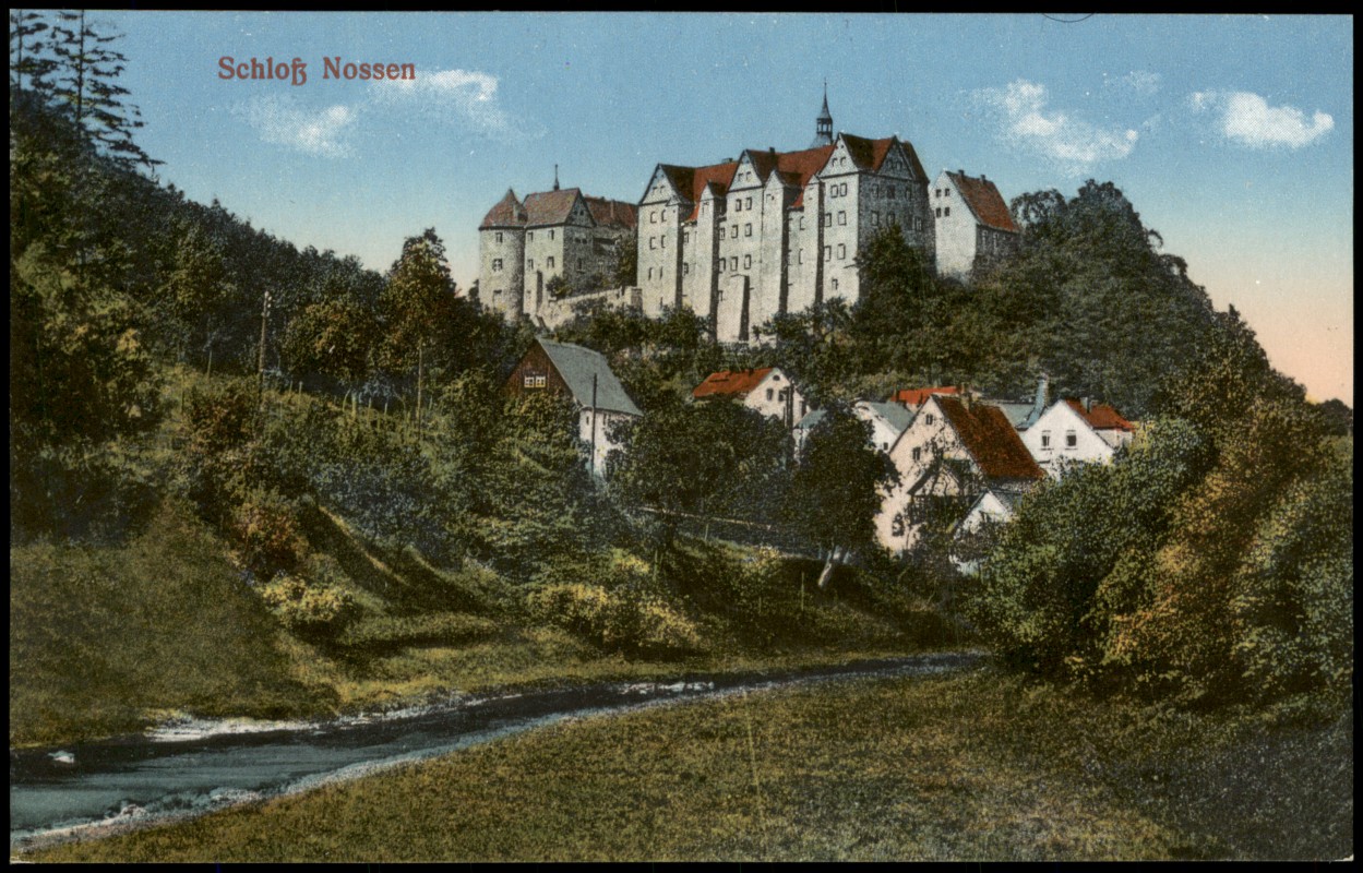 vergrößern: Bildseite historische Ansichtskarte von 1913: Flusspartie am Schloß:: Nossen
