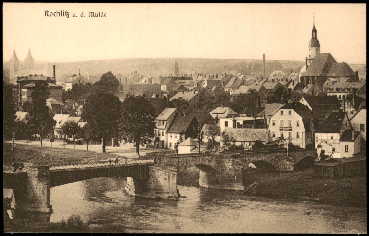 vergrößern: Bildseite historische Ansichtskarte von 1913: Stadtpartie - Brücke:: Rochlitz