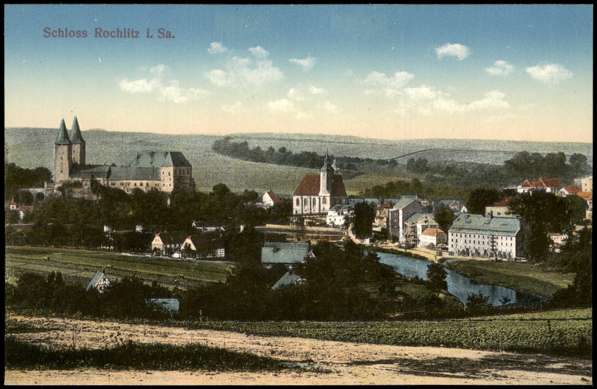 zoom: Image side vintage Postcard from 1914: Stadt und weg am Stadtrand:: Rochlitz