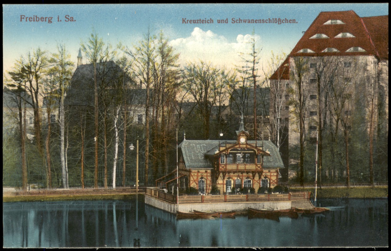 vergrößern: Bildseite historische Ansichtskarte von 1914: Kreuzteich und Schwanenschlößchen.:: Freiberg (Sachsen)
