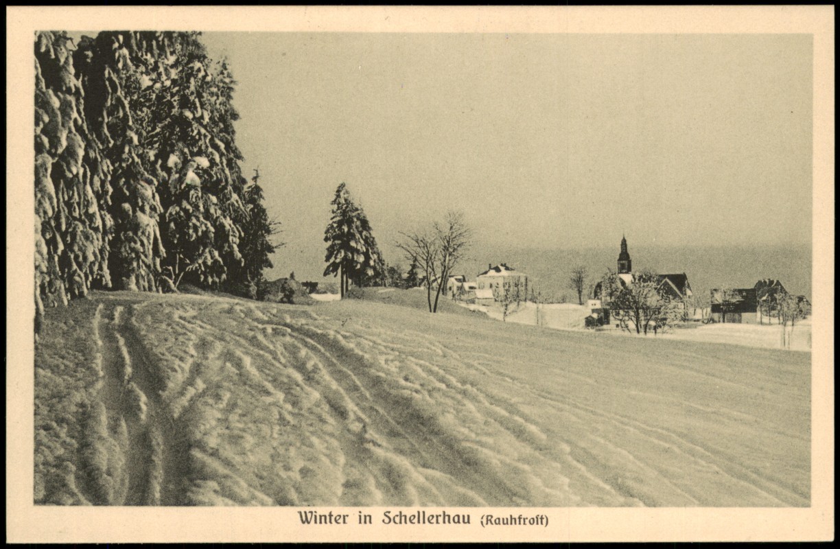 zoom: Image side vintage Postcard from 1914: Winter in der Stadt (Rauhfrost):: Schellerhau-Altenberg (Saxony)