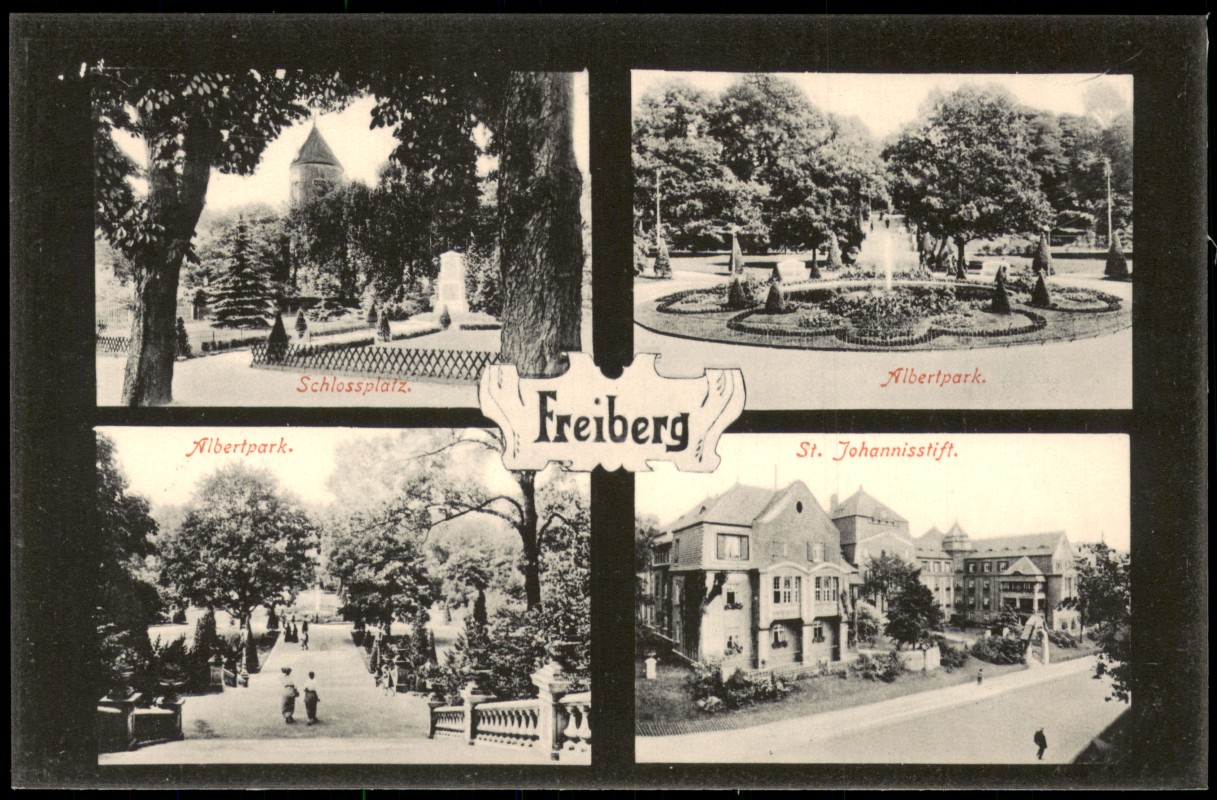 zoom: Image side vintage Postcard from 1914: 4 Bild Albertpark. Schlossplatz. Albertpark.:: Freiberg (Sachsen)