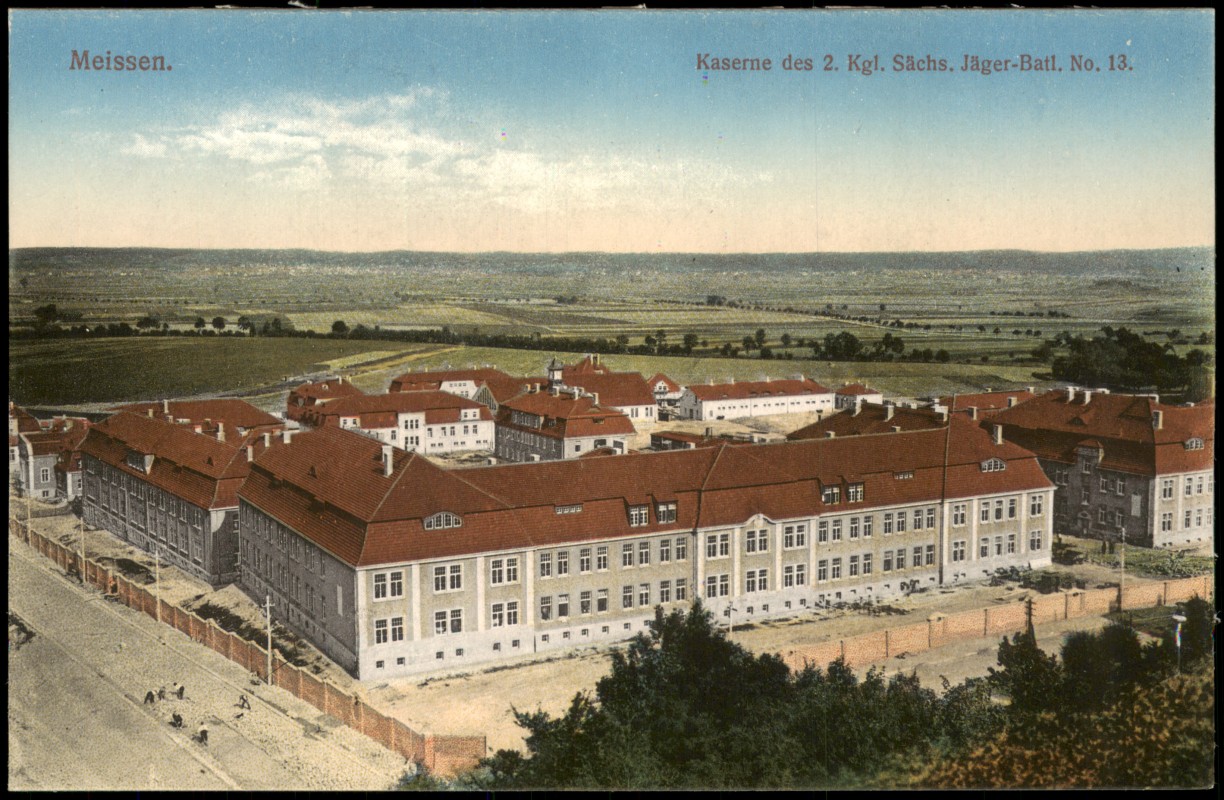 zoom: Image side vintage Postcard from 1914: Kaserne des 2. Kgl. Sächs. Jäger-Batl. No. 13. Fernsicht:: Meissen