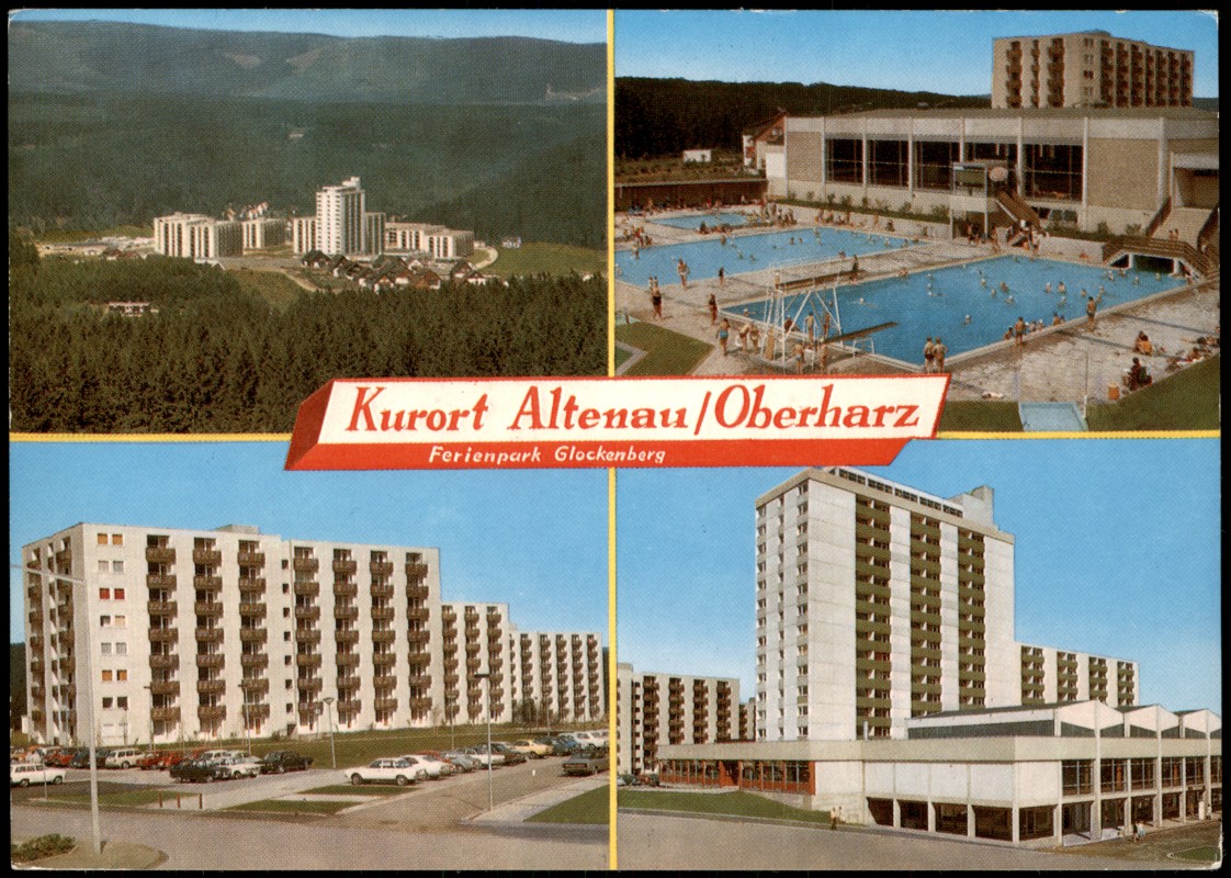 vergrößern: Bildseite historische Ansichtskarte von 1970: Mehrbildkarte mit 4 Ortsansichten u.a. Freibad Ferienpark Glockenberg:: Altenau-Bergstadt Altenau- Schulenberg im Oberharz-Clausthal-Zellerfeld