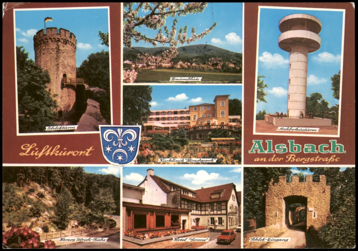 vergrößern: Bildseite historische Ansichtskarte von 1989: Mehrbildkarte u.a. Baumblüte, Melibokusturm, Hotel Sonne uvm.:: Alsbach (Bergstraße)