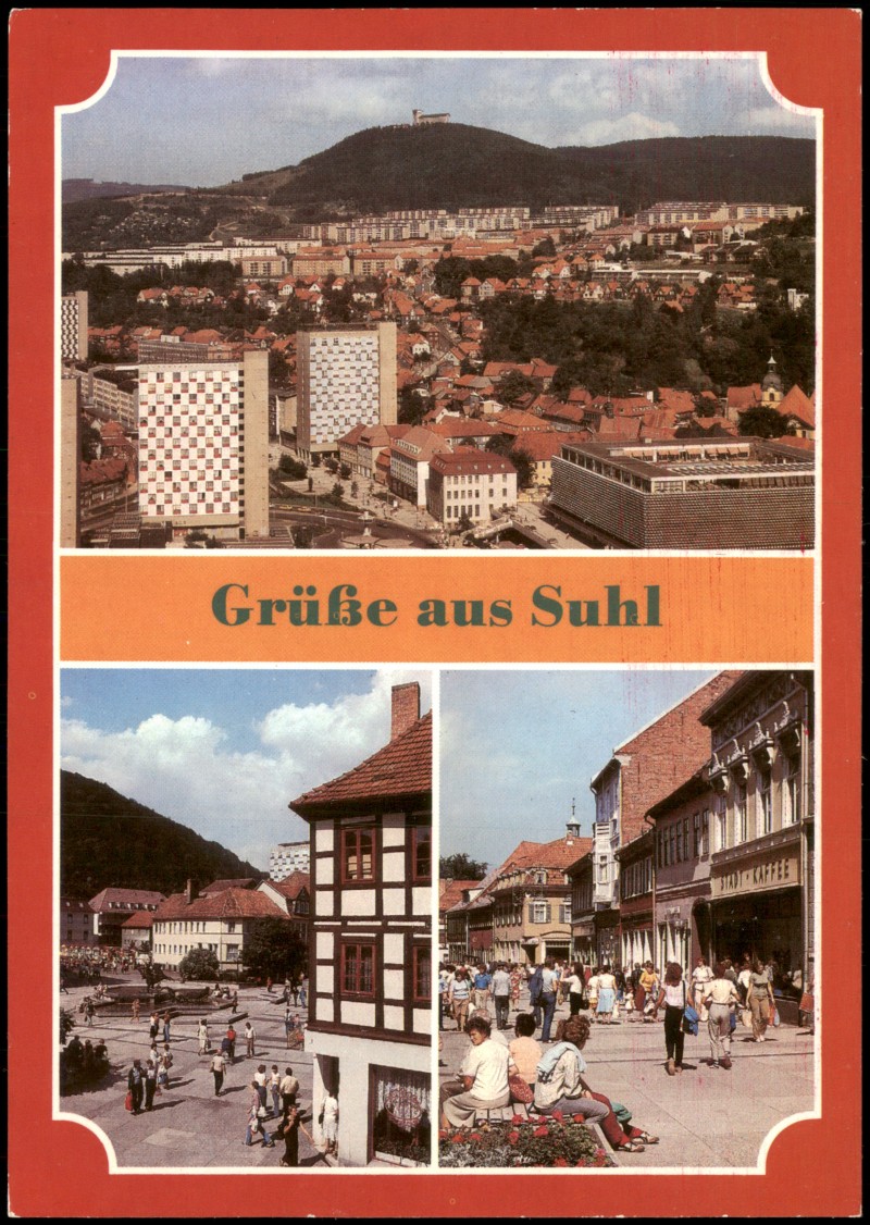 vergrößern: Bildseite historische Ansichtskarte von 1986: DDR Mehrbildkarte mit Übersicht Dianabrunnen Steinweg:: Suhl