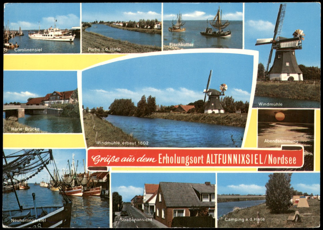 vergrößern: Bildseite historische Ansichtskarte von 1975: Mehrbild-AK Grüße aus dem Erholungsort ALTFUNNIXSIEL Nordsee:: ALTFUNNIXSIEL