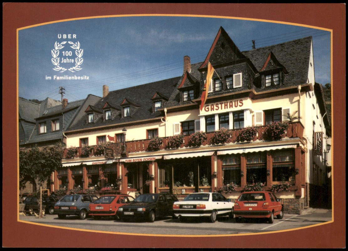 zoom: Image side vintage Postcard from 1980: GASTHAUS ZUM ROTEN OCHSEN, Autos davor u.a. VW Golf:: Alken (Untermosel)