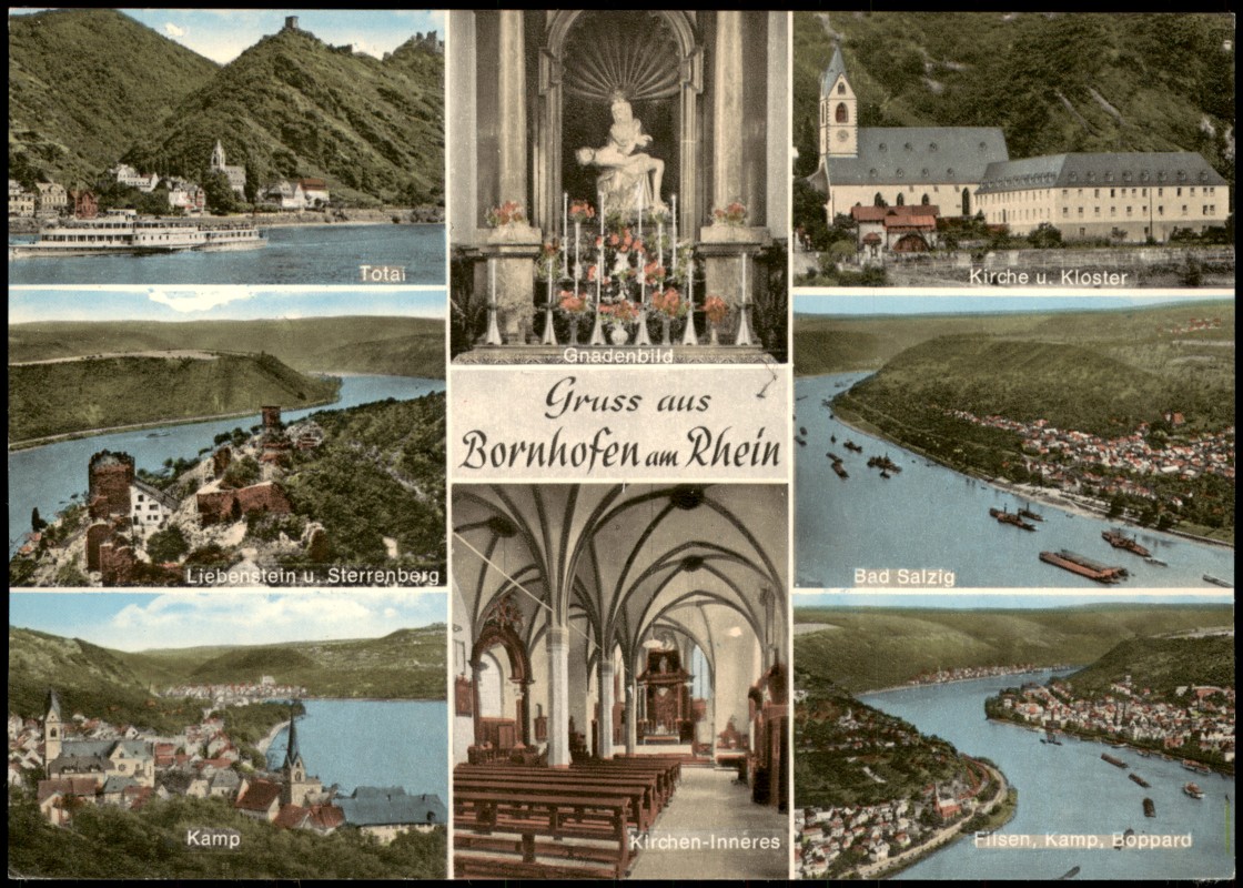 zoom: Image side vintage Postcard from 1960: Mehrbildkarte Gruss aus Bornhofen am Rhein:: Bornhofen-Kamp-Bornhofen