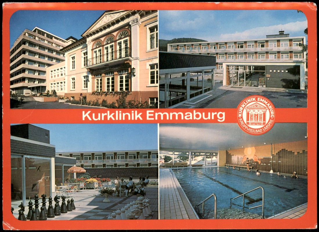 vergrößern: Bildseite historische Ansichtskarte von 1980: Mehrbildkarte Kurklinik Emmaburg:: Bad Laasphe