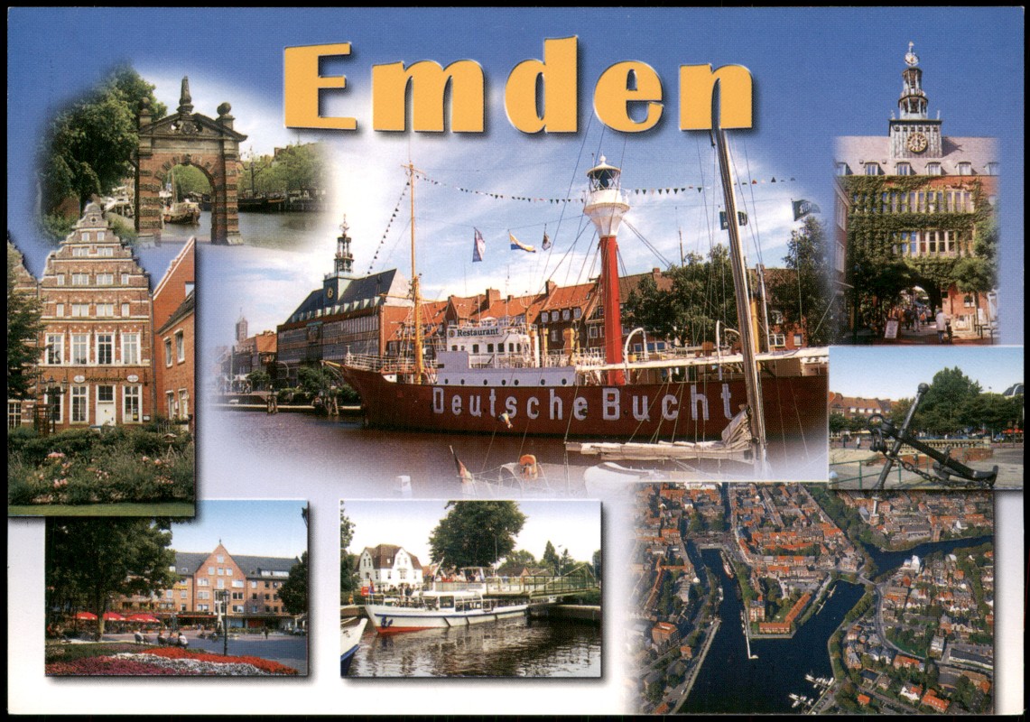 zoom: Image side vintage Postcard from 2000: Mehrbildkarte u.a. Häuser und Hafen Schiff Deutsche Bucht:: Emden
