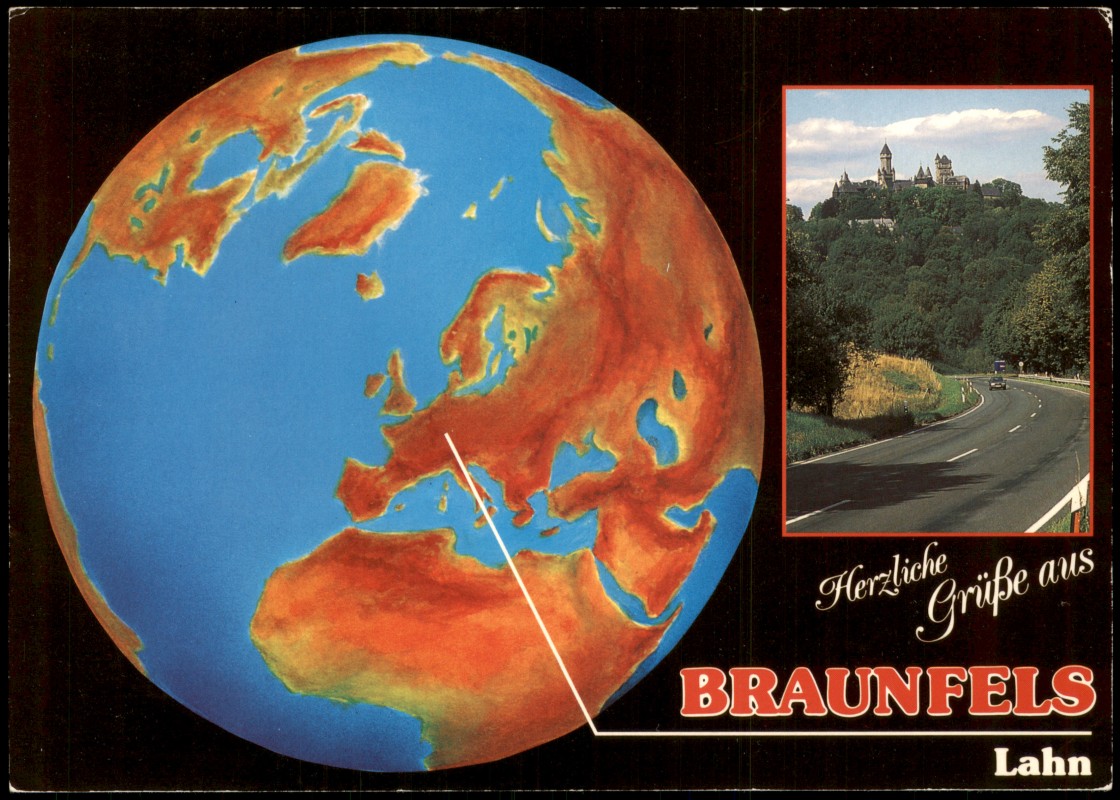 zoom: Image side vintage Postcard from 1980: Schloss Fernansicht & Globus-Lage:: Braunfels (Lahn)