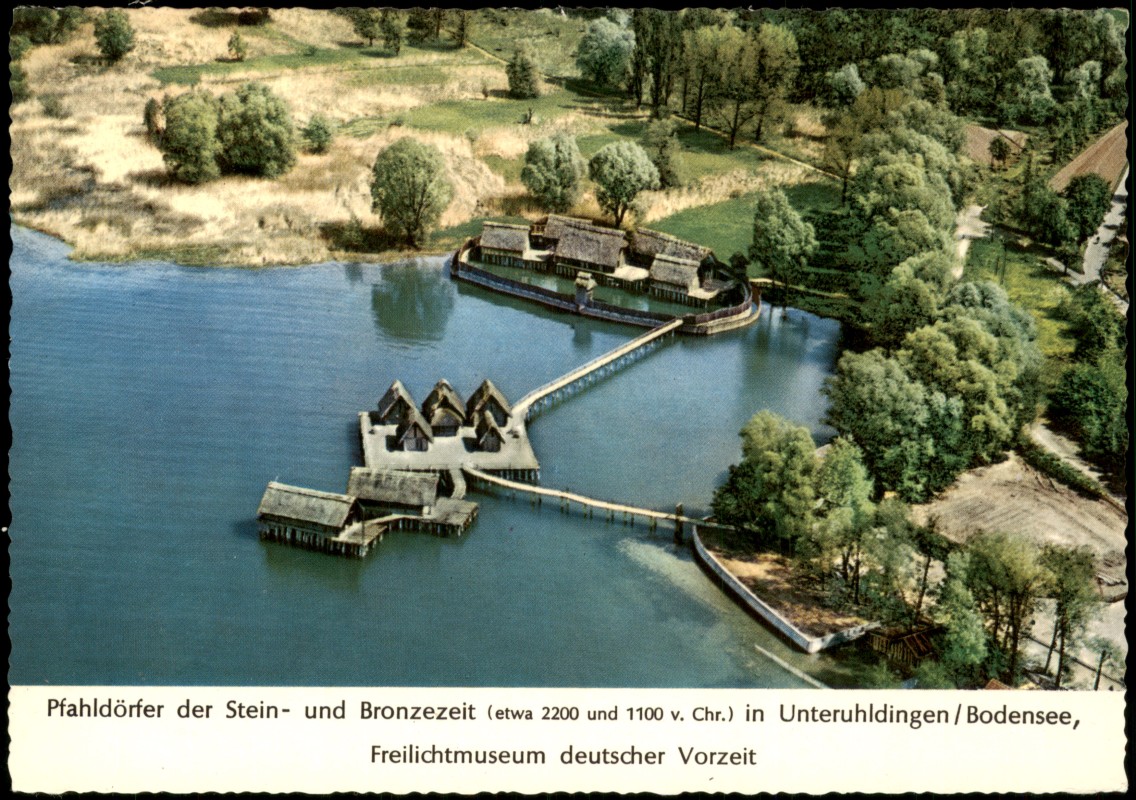 zoom: Image side vintage Postcard from 1960: Pfahldörfer der Stein- und Bronzezeit Luftbild Luftaufnahme:: Unteruhldingen-Uhldingen-Mühlhofen