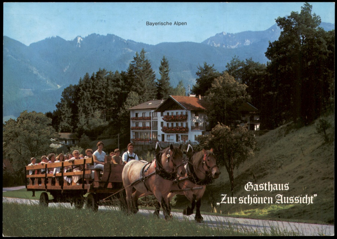 zoom: Image side vintage Postcard from 1998: Gasthaus Zur schönen Aussicht OT Westerbuchberg Pferde-Kutschen-Ausfahrt:: Übersee (Chiemgau)