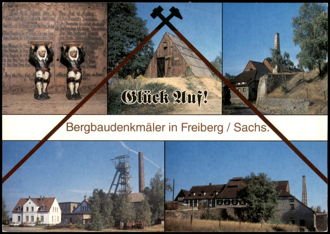 vergrößern: Bildseite historische Ansichtskarte von 2000: Glück Auf! Mehrbild-AK Bergmannsfiguren, Bergbau Schacht-Ansichten:: Freiberg (Sachsen)