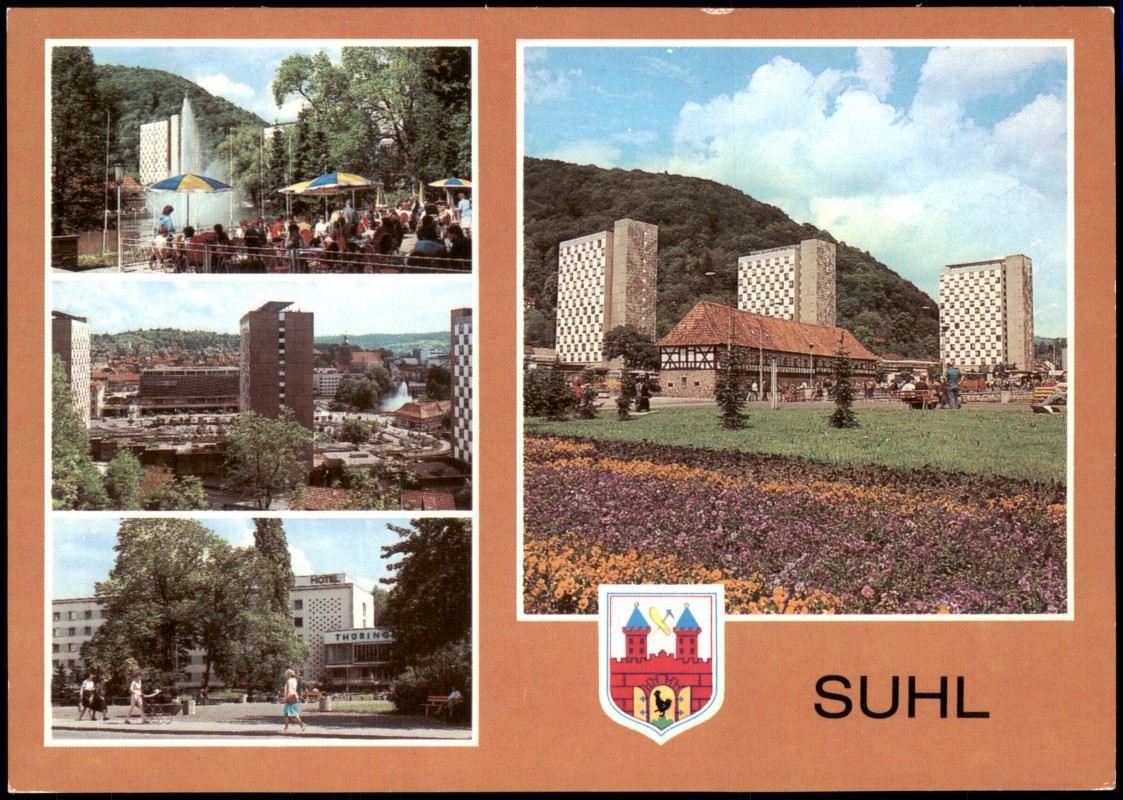 vergrößern: Bildseite historische Ansichtskarte von 1986: DDR Mehrbild-AK mit Waffen-Museum, Centrum Warenhaus, Interhotel:: Suhl