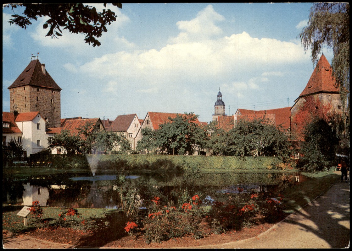 zoom: Image side vintage Postcard from 1968: Stadttürme mit Anlage am Roßweiher:: Altdorf bei Nürnberg