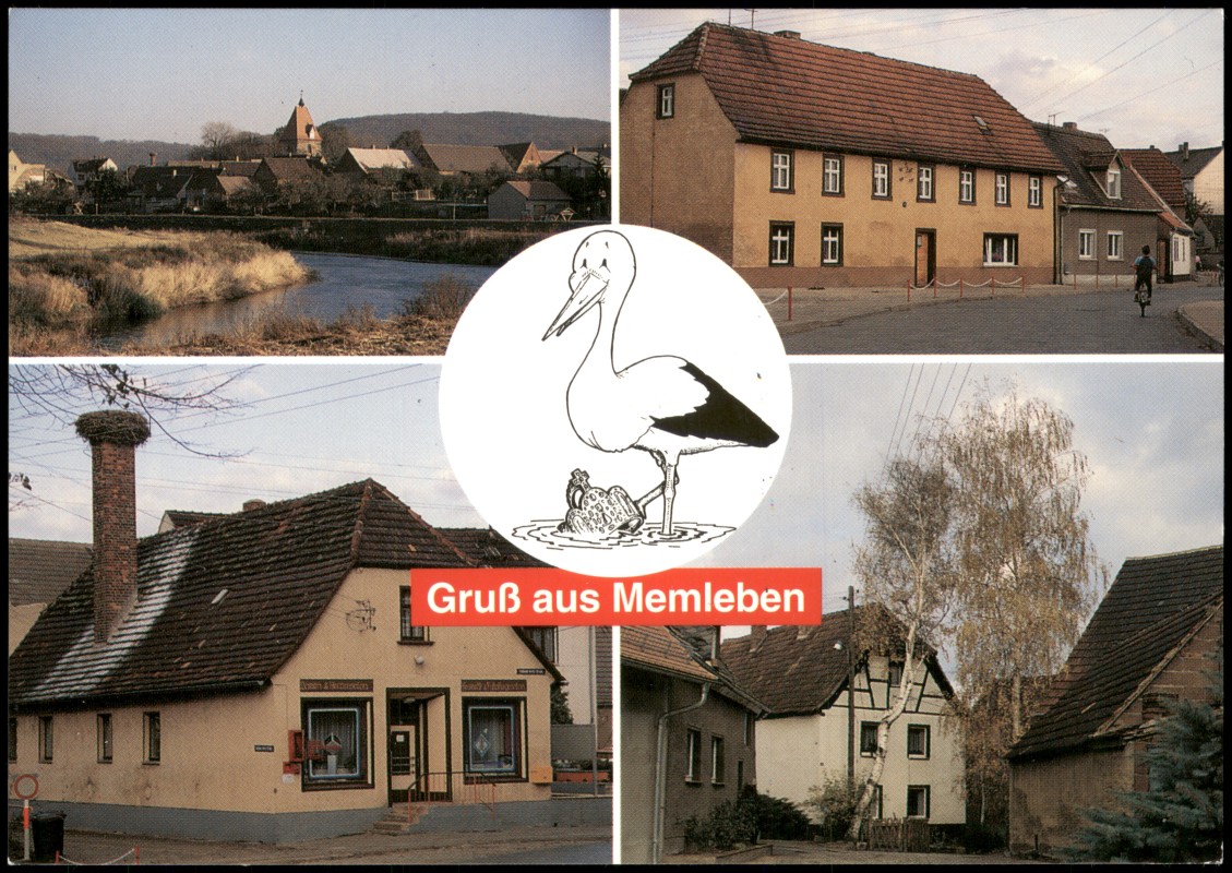 zoom: Image side vintage Postcard from 1991: Mehrbildkarte mit Dorfansicht, Storchennest und Birkenhof:: Memleben-Kaiserpfalz