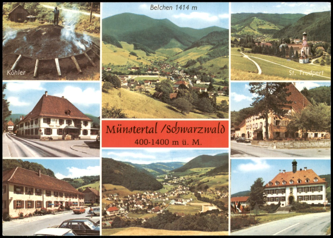 zoom: Image side vintage Postcard from 1980: Mehrbildkarte Münstertal im Schwarzwald mit Belchen und St. Trudpert:: Münstertal Schwarzwald