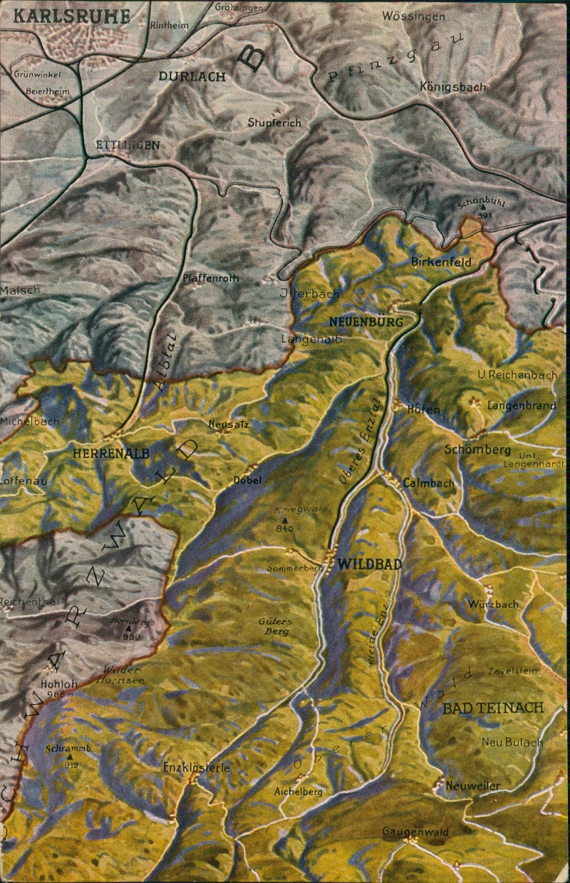 zoom: Image side vintage Postcard from 1925: Relief Ansichtskarte Karlsruhe Schwarzwald Wildbad:: .Baden-Württemberg