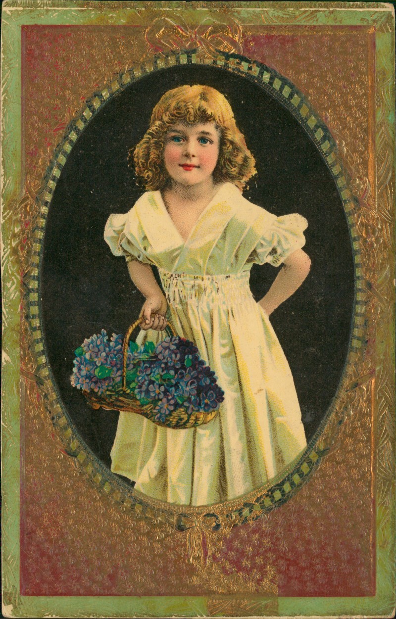 zoom: Image side vintage Postcard from 1910: Kinder Künstlerkarte Mädchen Korb im Goldrahmen::