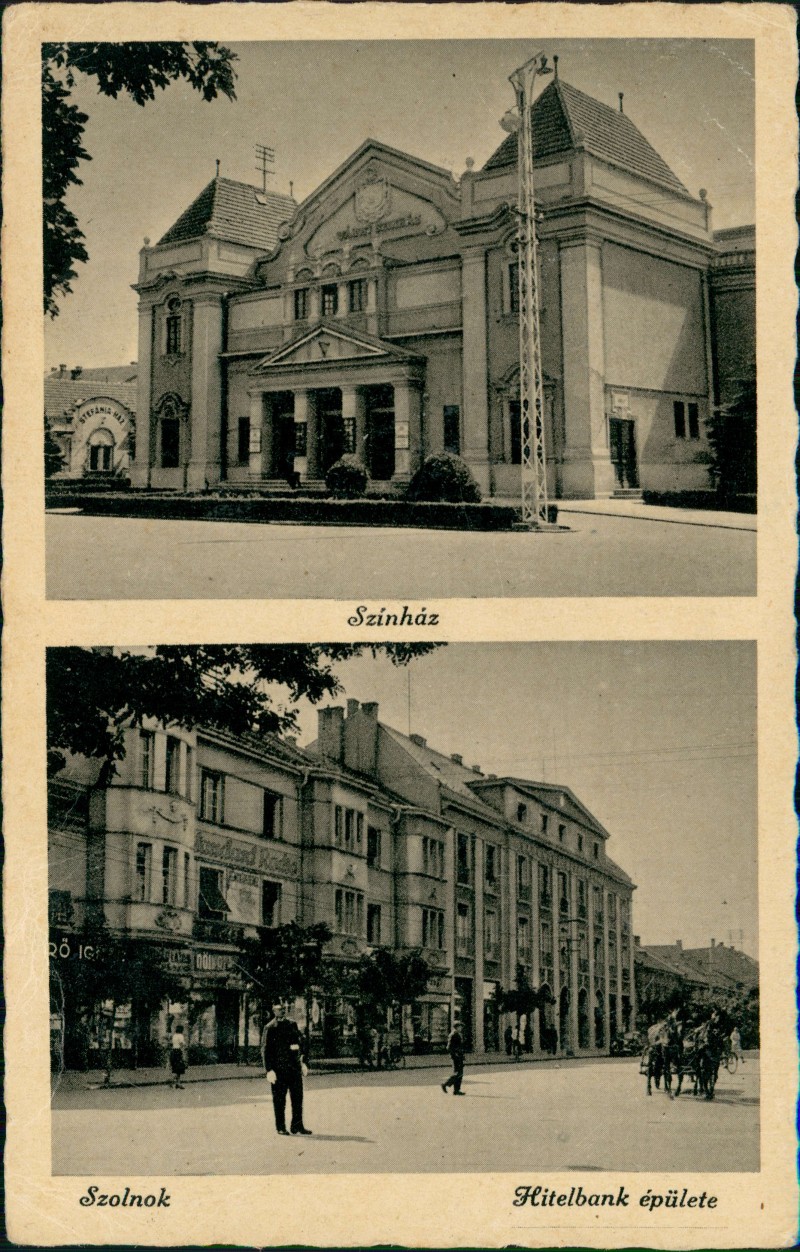zoom: Image side vintage Postcard from 1941: 2 Bild Színház Hitelbank:: Szolnok