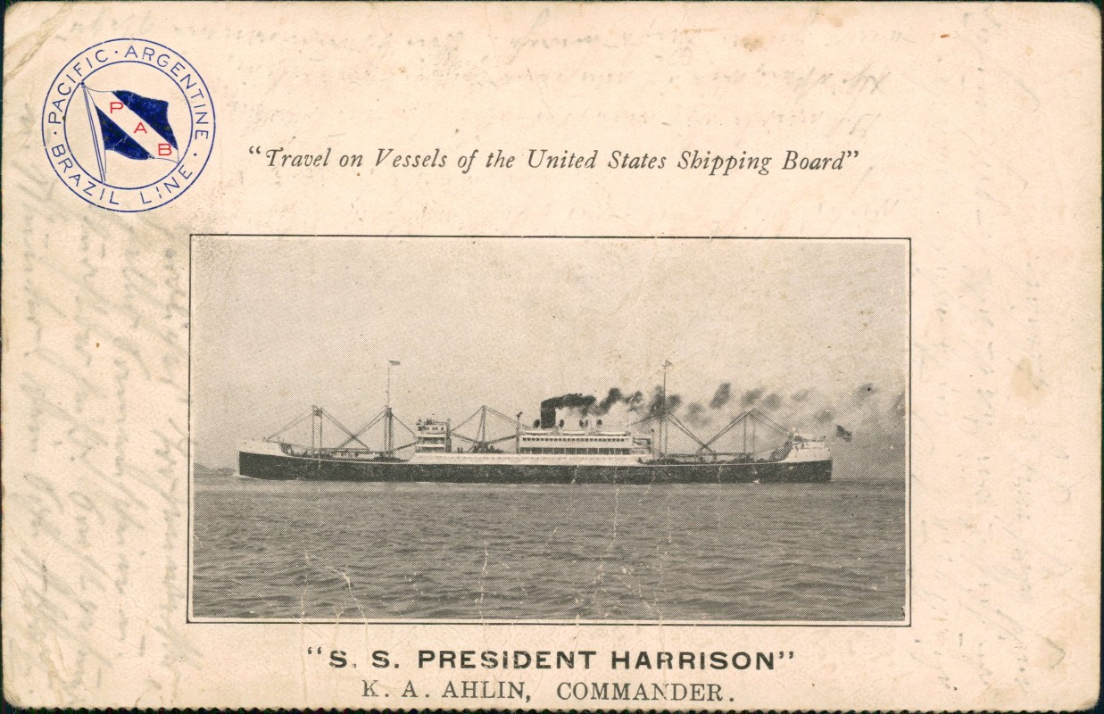 vergrößern: Bildseite historische Ansichtskarte von 1923: Schiffe Dampfer Steamer SS President Harrison Brazil Line::