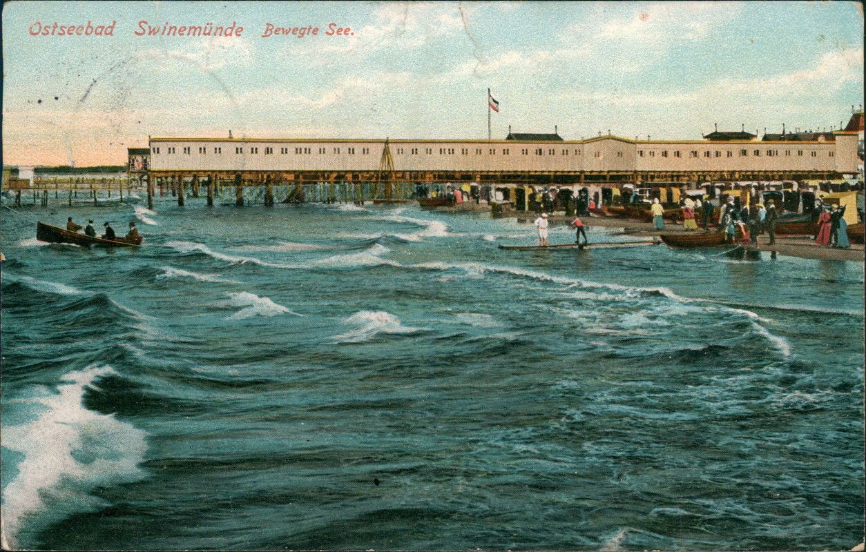 zoom: Image side vintage Postcard from 1912: Bewegte See Seesteg:: Świnoujście