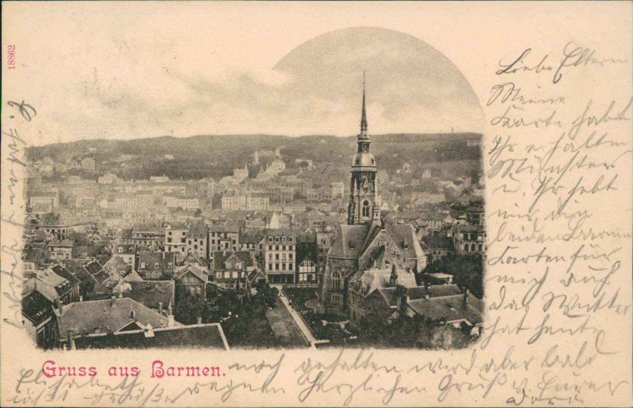 vergrößern: Bildseite historische Ansichtskarte von 1900: Blick auf die Stadt:: Barmen-Wuppertal