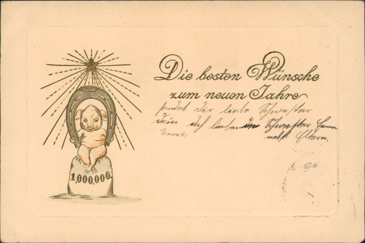vergrößern: Bildseite historische Ansichtskarte von 1904: Neujahr Sylvester New Year Glücksschwein Hufeisen Gold::