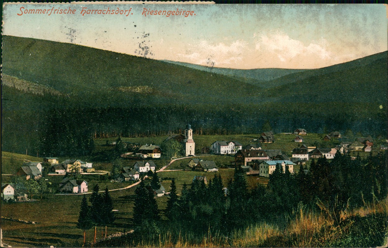 zoom: Image side vintage Postcard from 1909: Riesengebirge Stadt:: Harrachov