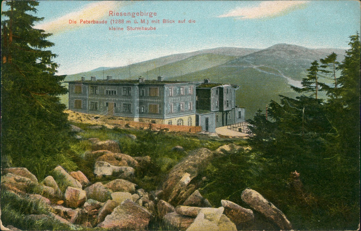 zoom: Image side vintage Postcard from 1909: Peterbaude Petrova bouda Bergwelt:: Špindlerův Mlýn | Spindelmühle