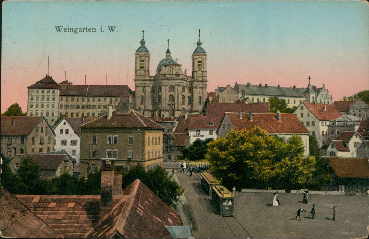 zoom: Image side vintage Postcard from 1917: Basilika Prozession Straßenbahn:: Weingarten (Württemberg)