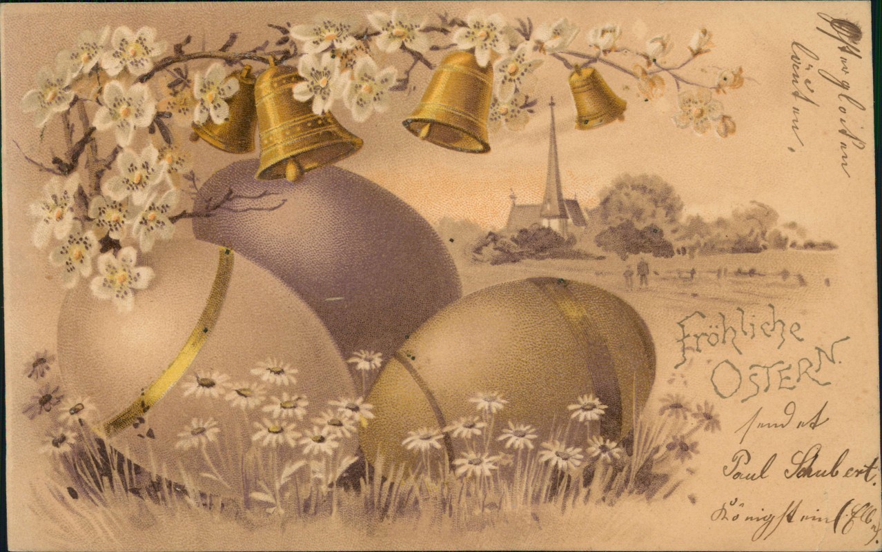 zoom: Image side vintage Postcard from 1903: Ostern Easter Künstlerkarte Glocken Riesen Osterei::