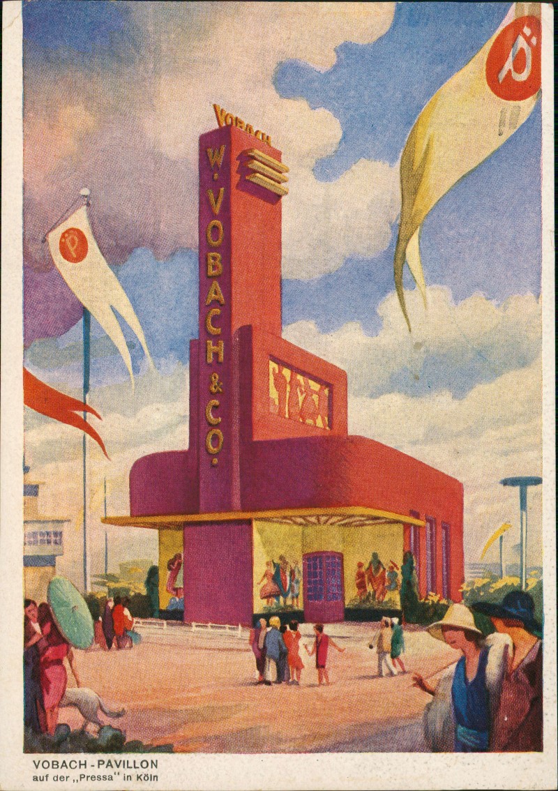 zoom: Image side vintage Postcard from 1928: Künstlerkarte VOBACH PAVILLON auf der Pressa:: Cologne